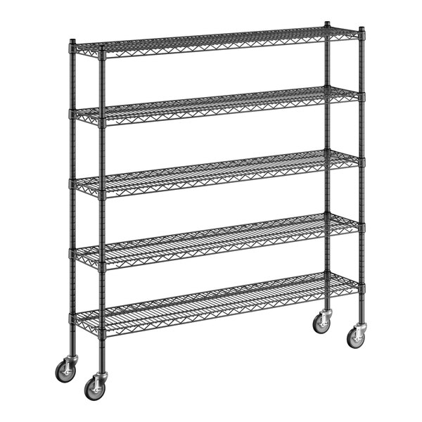 A black Regency wire shelving unit with wheels.