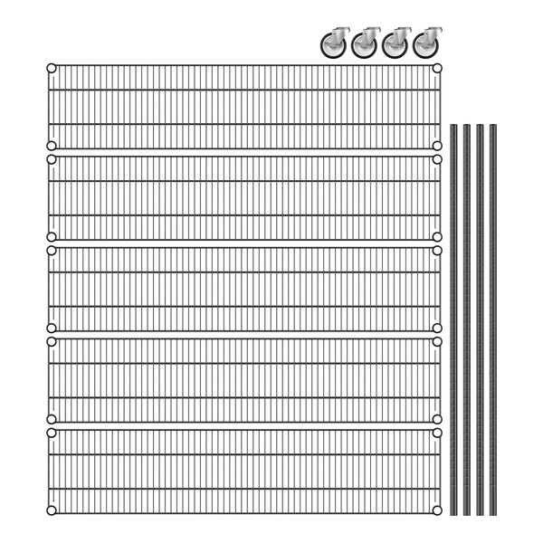A wire shelving unit with wheels and black epoxy coating.
