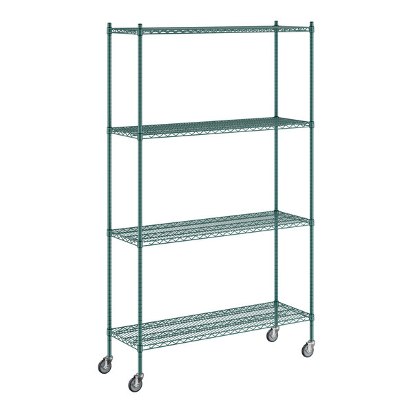 A Regency green wire shelving unit with wheels.