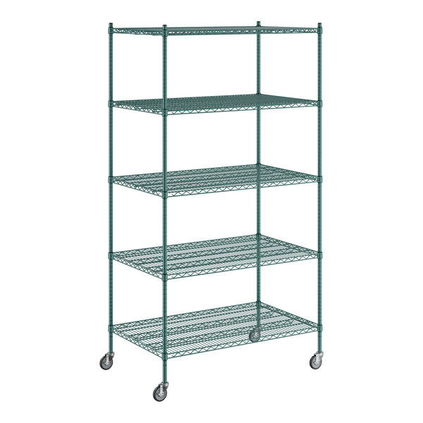 A Regency green wire shelving unit with wheels.