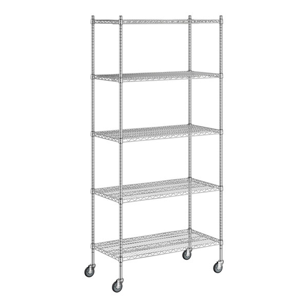 A Regency chrome wire shelving unit with wheels.