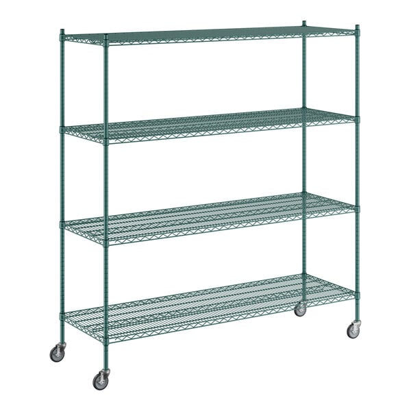 A green metal Regency wire shelving unit with wheels.