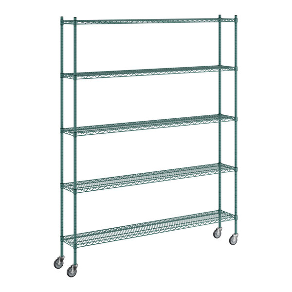 A green metal Regency wire shelving unit with wheels.