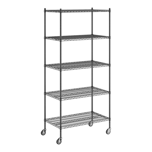 A Regency black wire shelving unit with wheels.