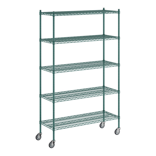 A green metal Regency wire shelving unit with wheels.