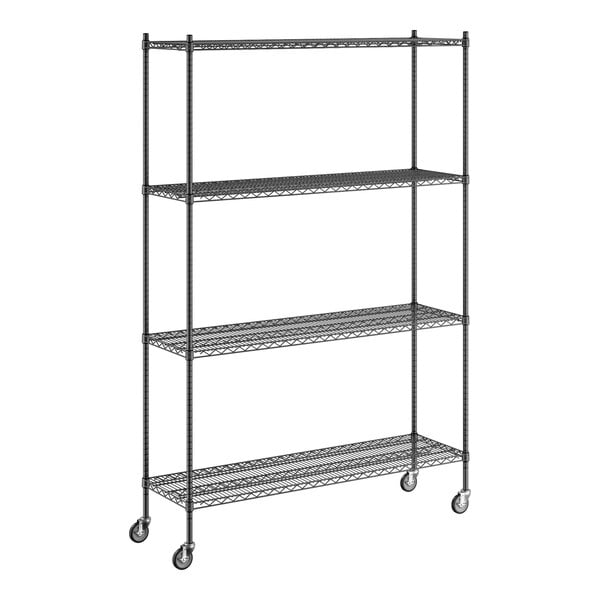 A black metal Regency wire shelving unit with wheels.