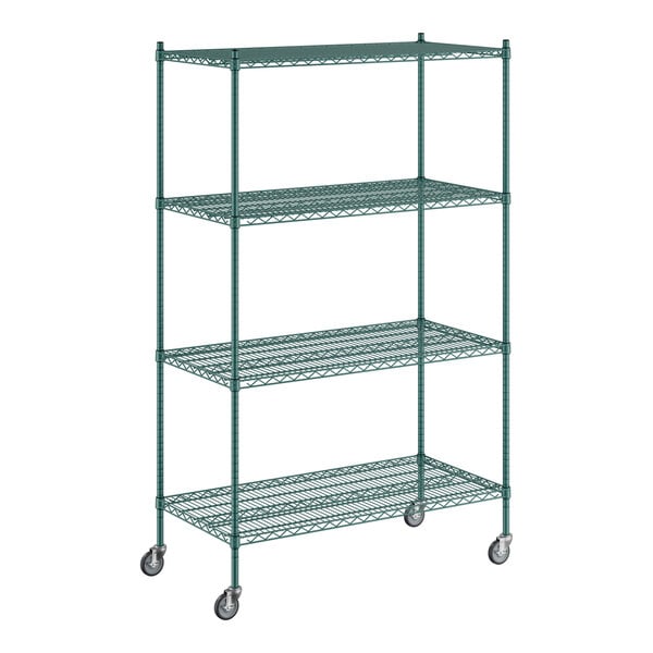 A green metal Regency wire shelving unit with wheels.