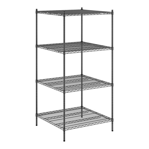 A black wire shelving unit with four shelves.