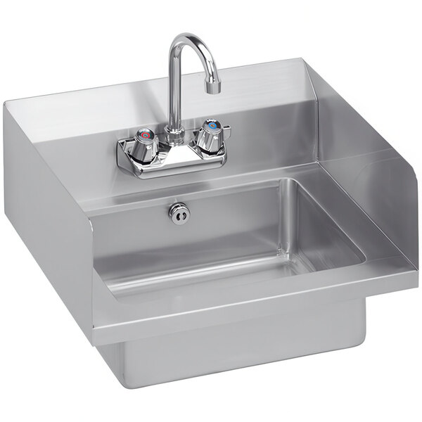 A Zurn stainless steel wall mount hand sink with faucet and sidesplash.