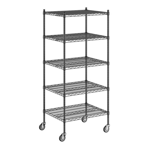 A tall metal rack with five shelves.