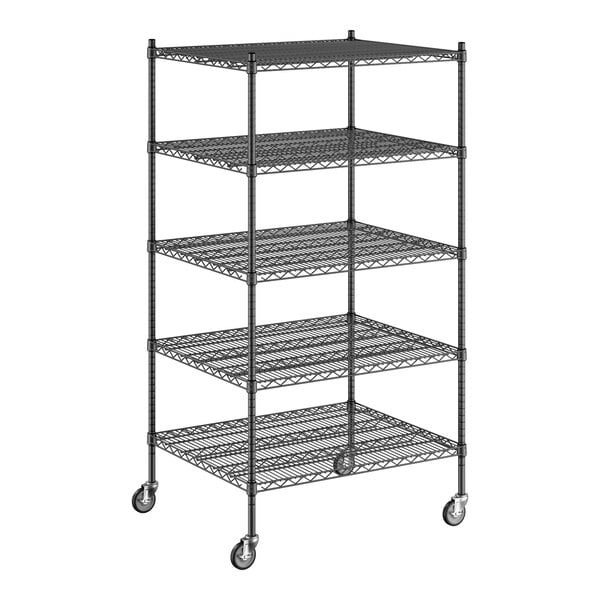 A Regency black wire shelving starter kit with wheels and 5 shelves.