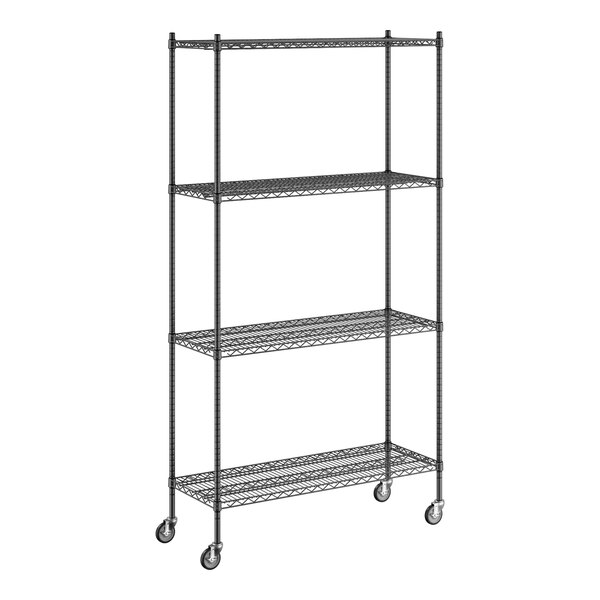 A Regency black wire shelving unit with wheels.