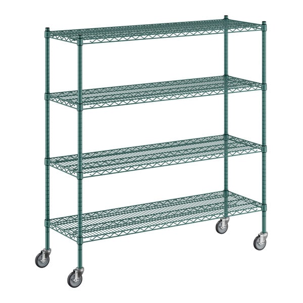 A Regency green wire shelving unit with wheels.