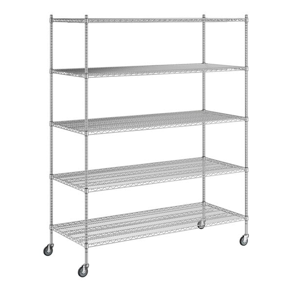 A Regency chrome mobile wire shelving unit with five shelves and wheels.