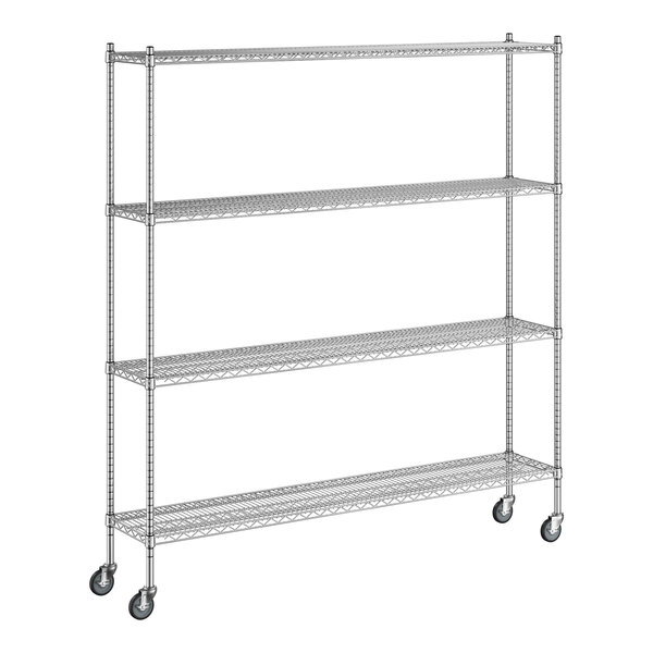 A Regency chrome mobile wire shelving starter kit with wheels.