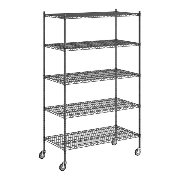 A Regency black wire shelving unit with wheels.