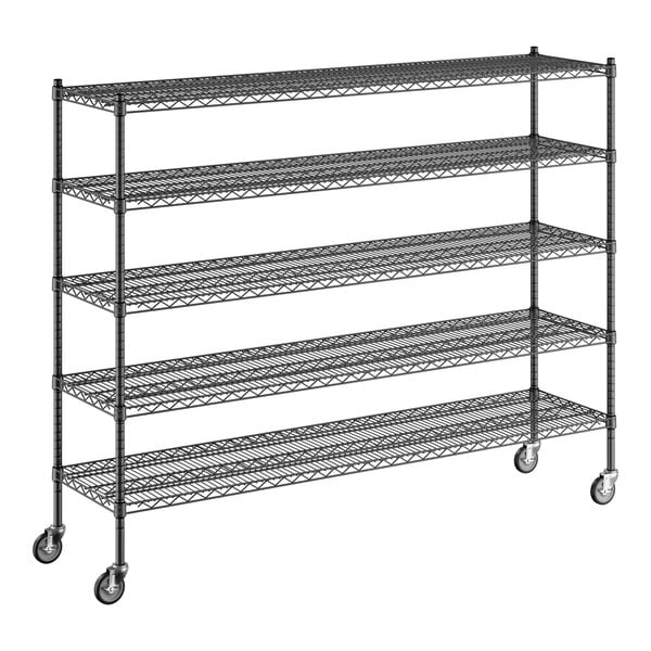 A Regency black metal wire shelving unit with wheels.