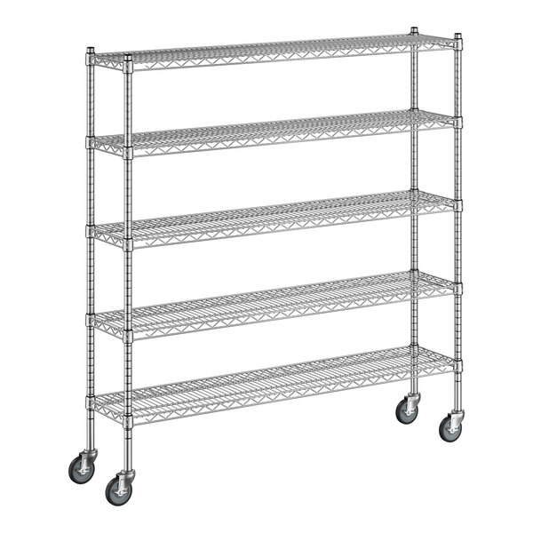 A Regency chrome mobile wire shelving unit with 5 shelves and wheels.