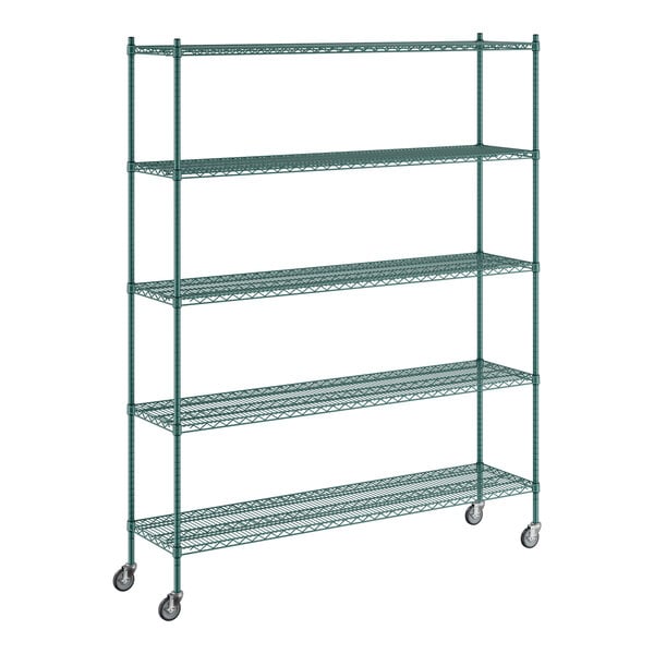 A green metal Regency wire shelving unit with wheels.