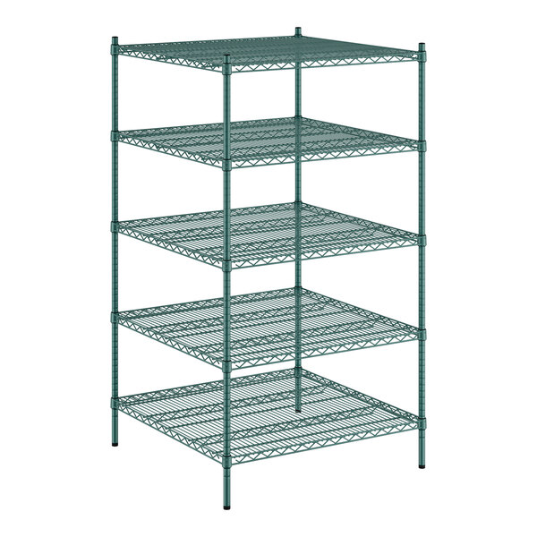 A Regency green wire shelving unit with five shelves.