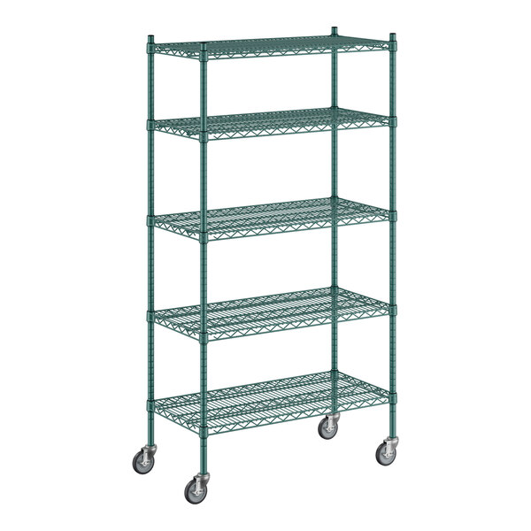 A Regency green wire shelving unit with wheels.