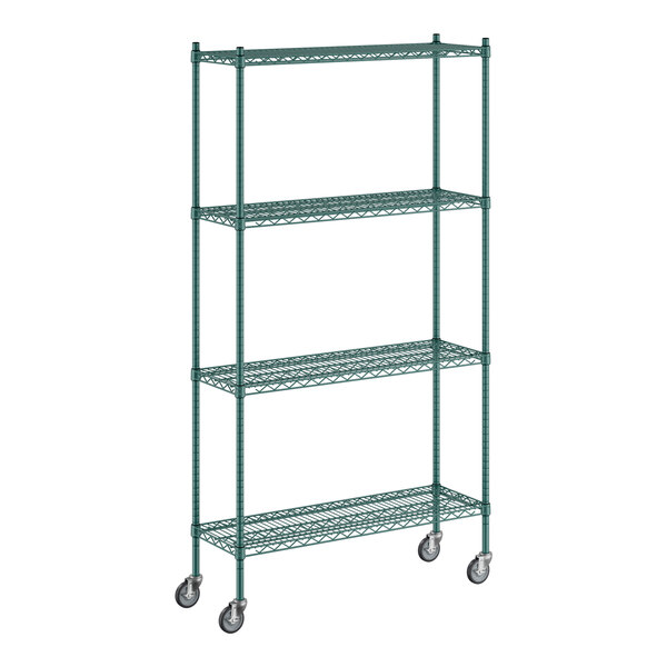 A green metal Regency wire shelving unit with wheels.