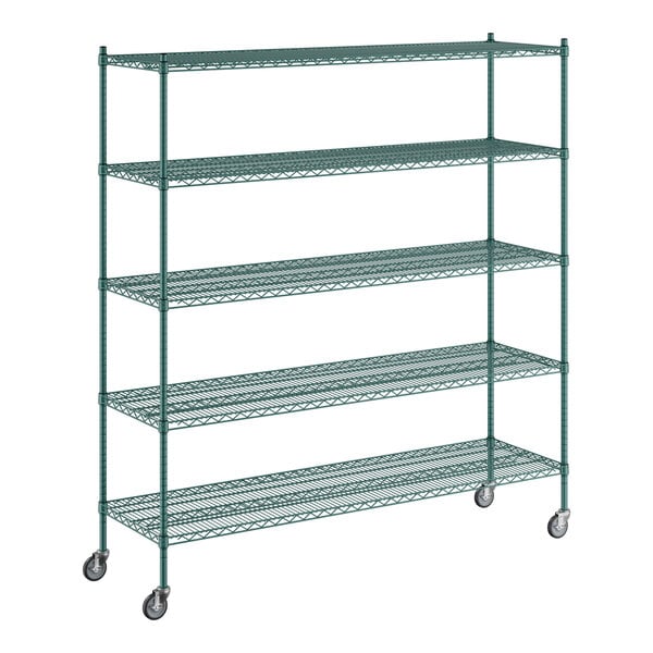 A green metal Regency wire shelving unit with wheels.