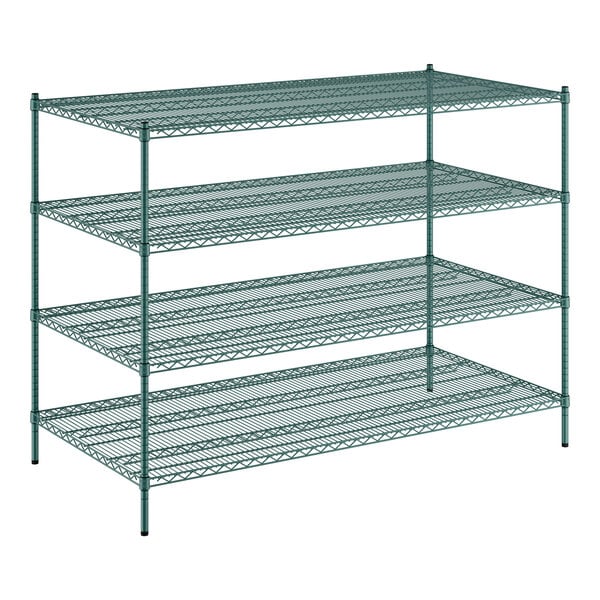 A Regency green wire shelving unit with four shelves.