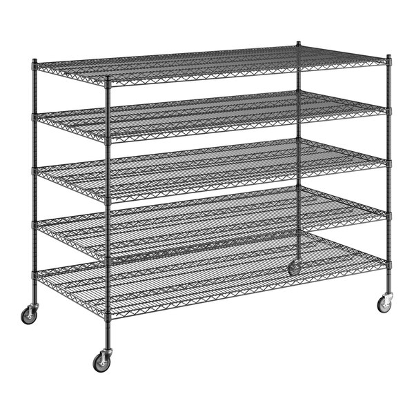 A Regency black wire shelving starter kit with 5 shelves and wheels.