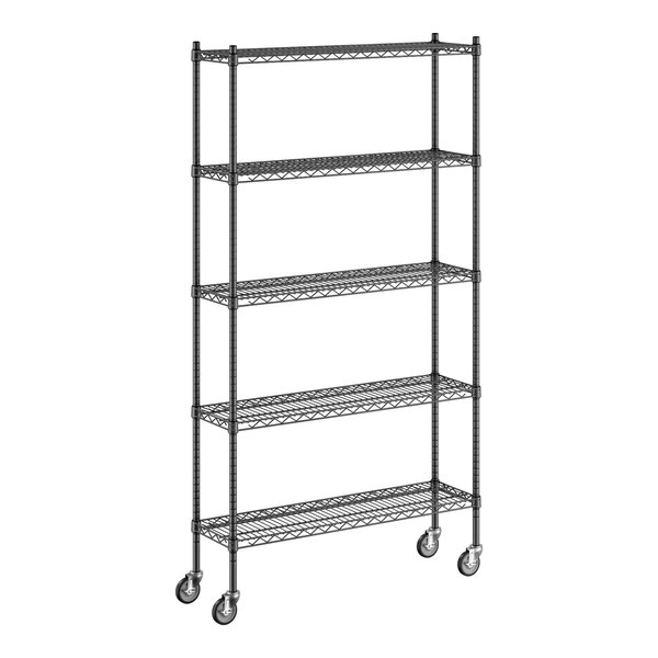 A Regency black wire shelving unit with wheels.