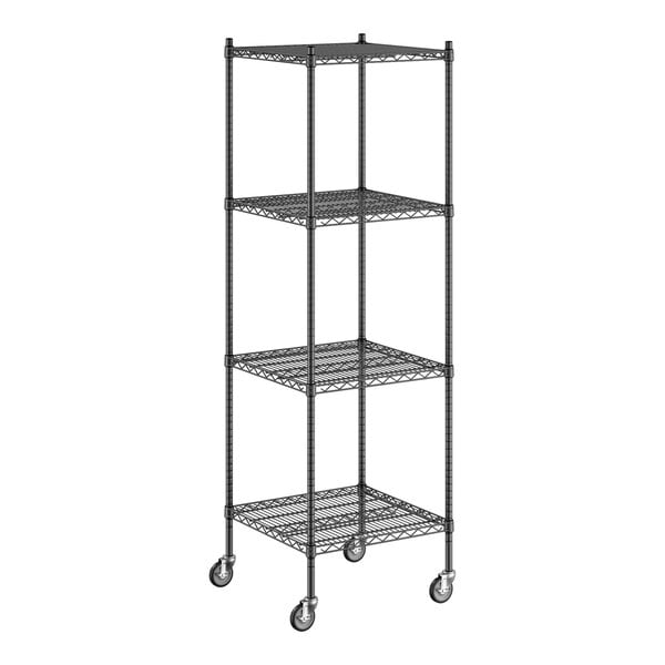 A Regency black wire shelving unit with wheels.