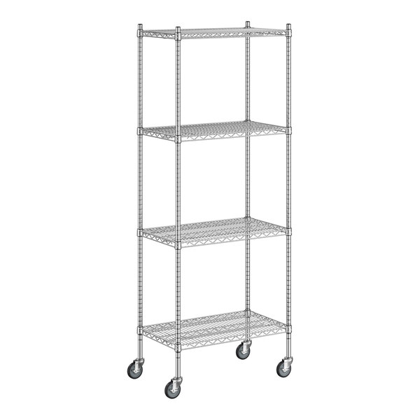 A Regency chrome wire shelving unit with wheels.