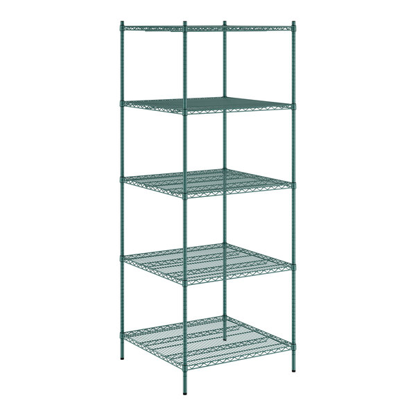 A Regency green wire shelving unit with five shelves.