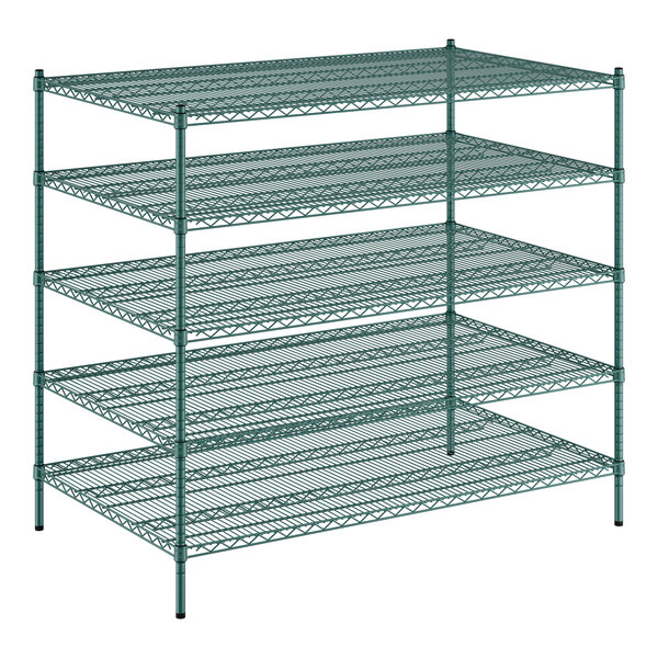 A green wire shelving unit in a room.