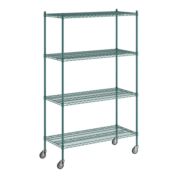 A green metal Regency wire shelving unit with wheels.