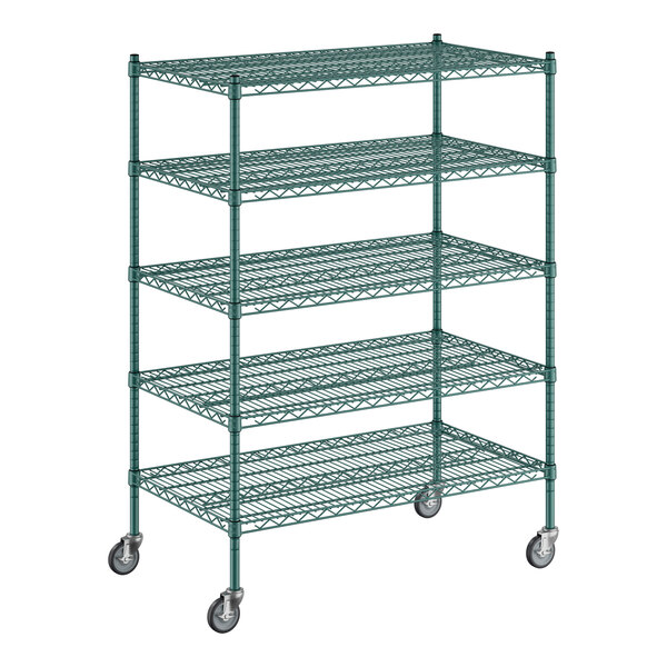 A green Regency wire shelving unit with five shelves.