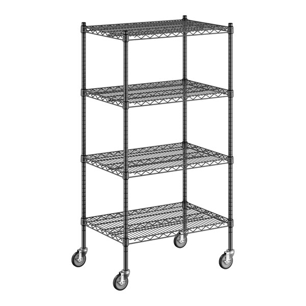 A Regency black wire shelving unit with wheels.