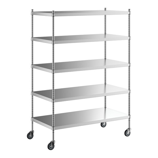 A Regency stainless steel shelving unit with wheels.