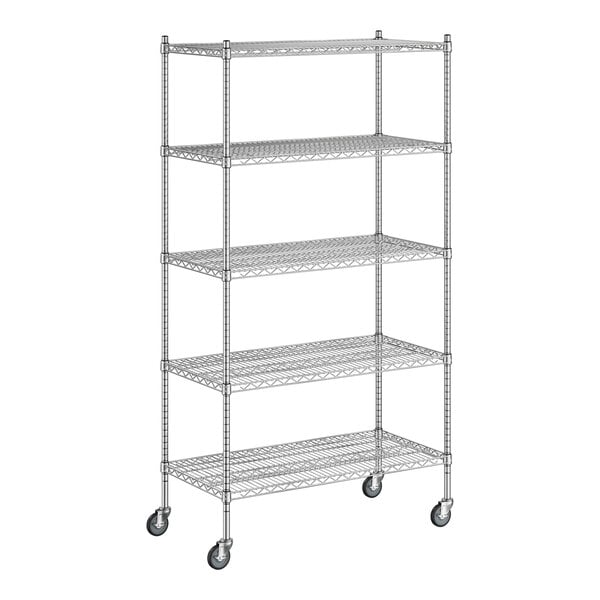 A Regency chrome wire shelving starter kit with wheels.