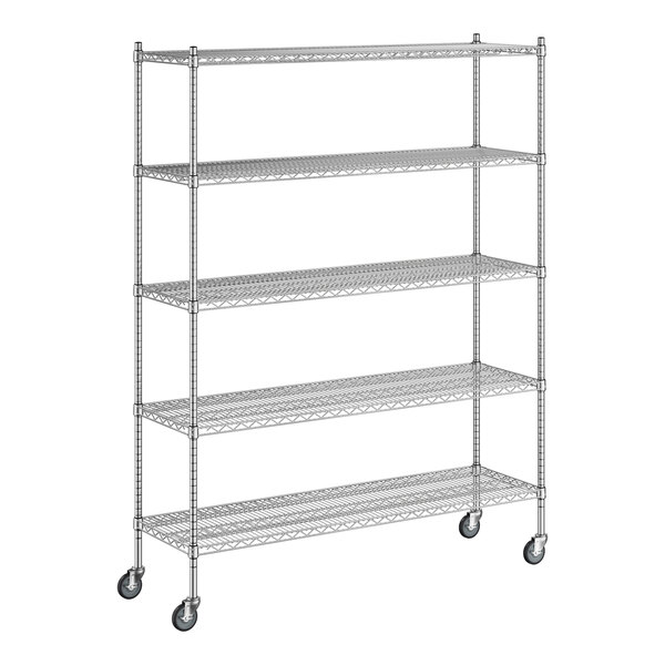 A Regency chrome wire shelving unit with five shelves and wheels.