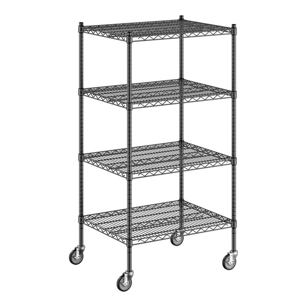 A Regency black wire shelving unit with wheels.