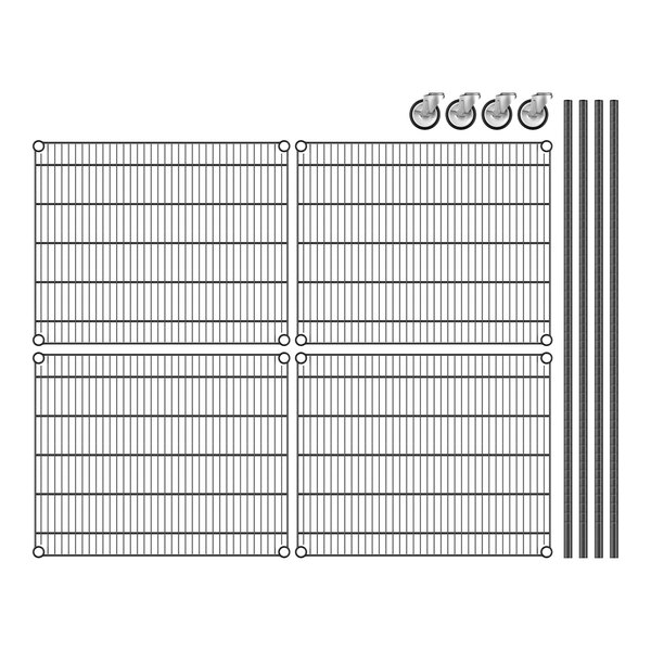 A drawing of a Regency black wire shelving unit with four shelves and wheels.