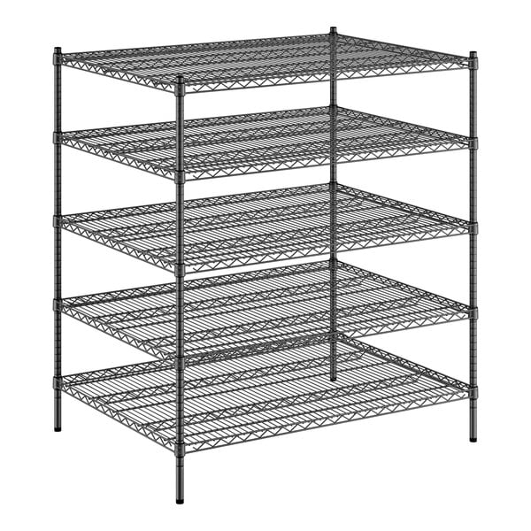 A Regency black wire shelving unit with five shelves.