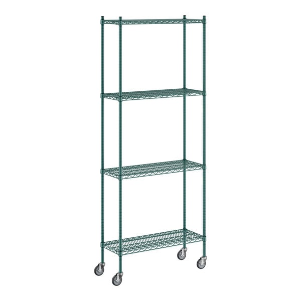 A Regency green metal wire shelving unit with wheels.