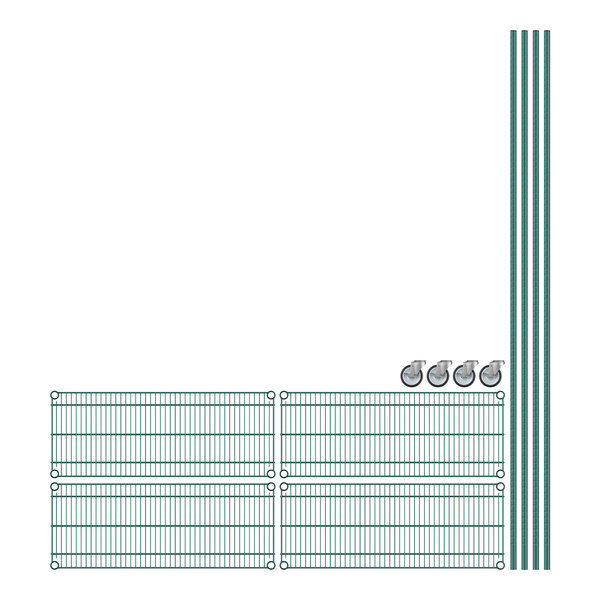 A drawing of a Regency wire shelving unit with green accents.