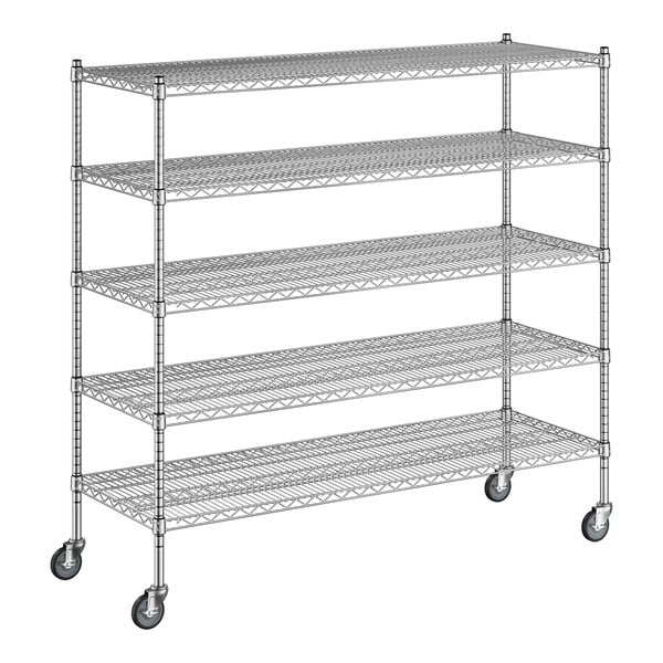 A Regency chrome wire shelving unit with wheels.