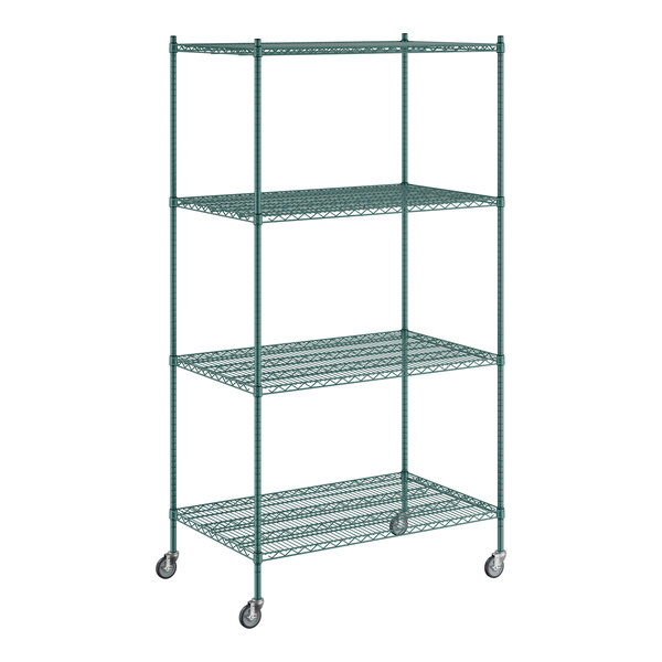 A Regency green wire shelving unit with wheels, including 4 shelves.