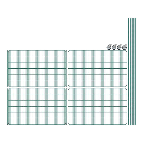 A drawing of a Regency green wire shelving unit with blue grid lines.