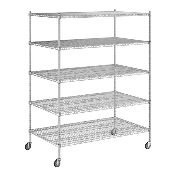 A Regency chrome wire shelving unit with wheels and five shelves.