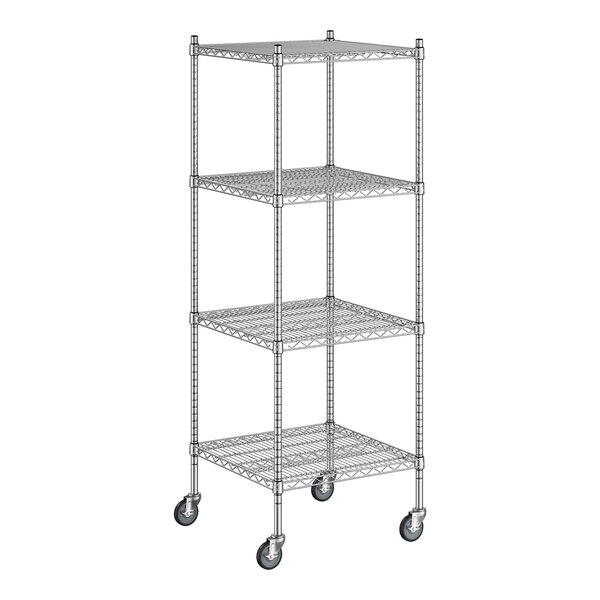 A Regency stainless steel wire shelving unit with wheels.